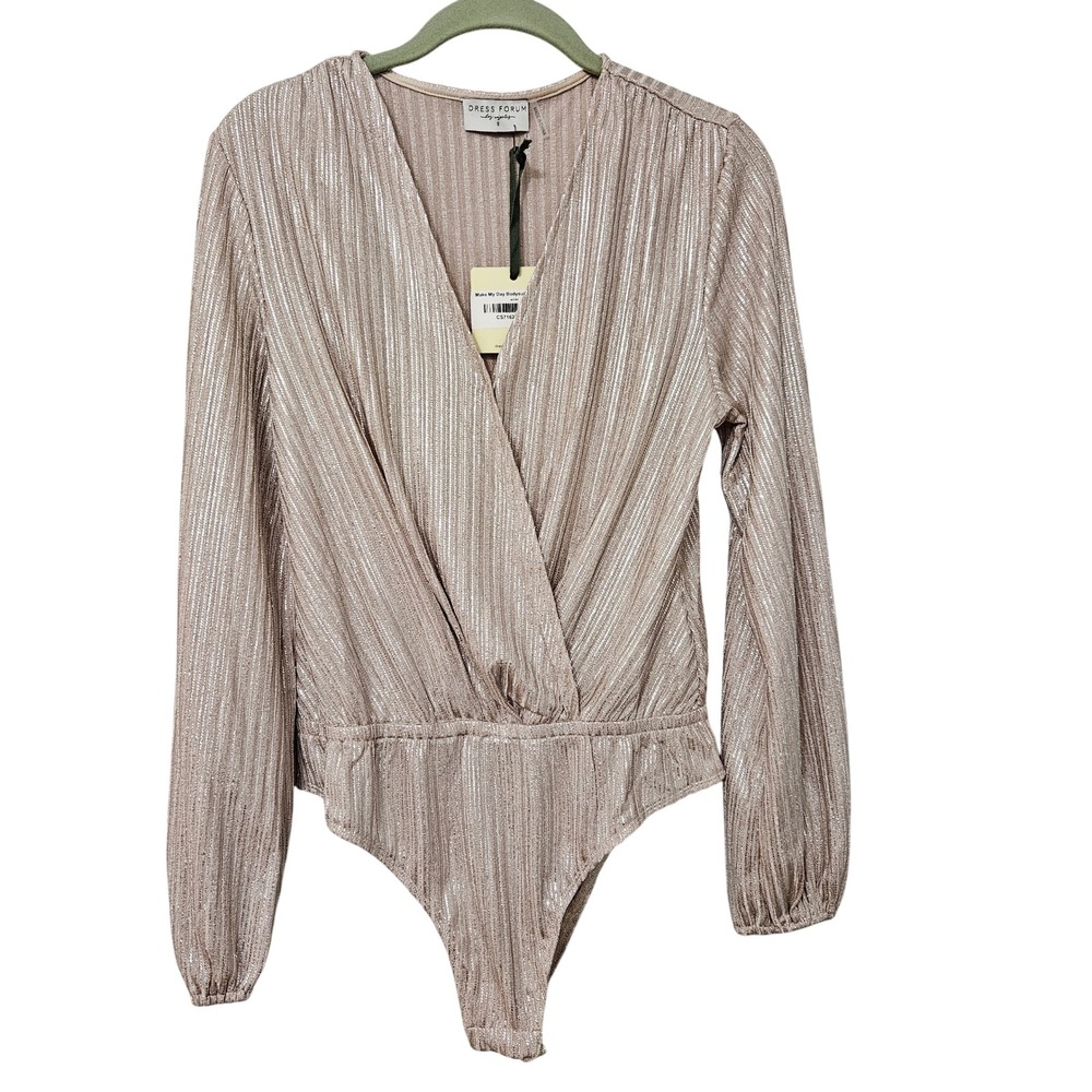 New Dress Forum Make My Day Bodysuit Rose Gold Metallic Ribbed Wrap Small Disco